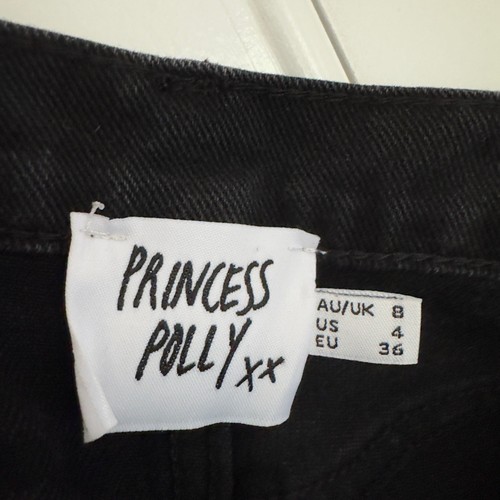 Princess Polly Attica Jeans Knee Rip Button Fly Black 100% Cotton Pocket raw hem - Picture 8 of 12