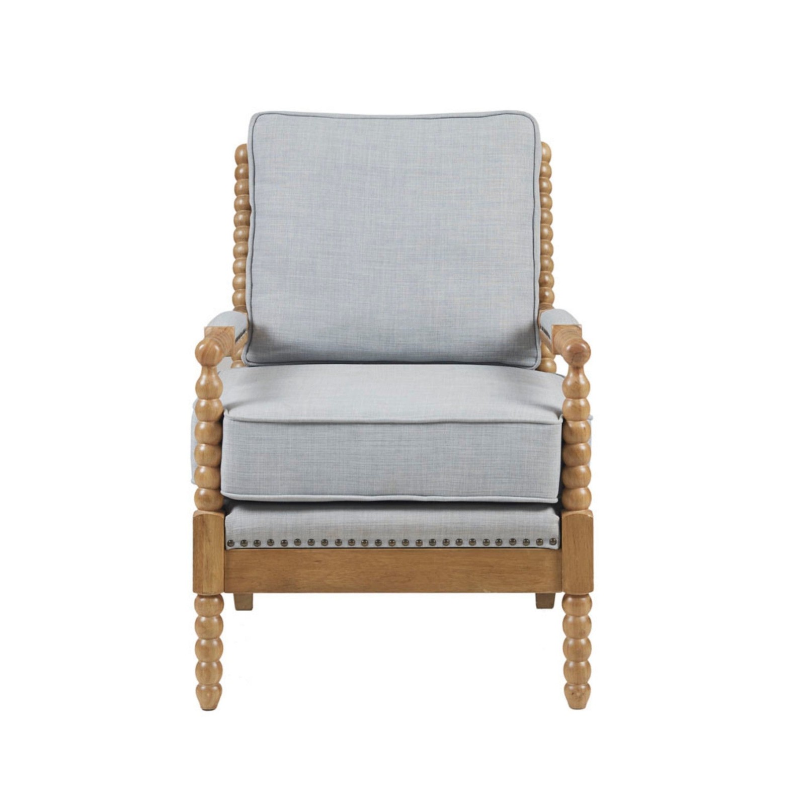 Dusty Blue Polyester Armchair with Padded Armrests & Camel Oak Legs  