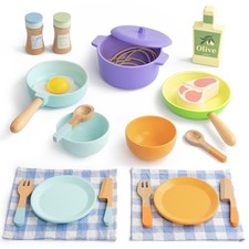 Kids Pretend Play Kitchen Accessories, Wooden Toddler Cooking Set 22 Pcs, Pla...