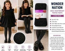 Wonder Nation Girls Heavyweight Footed Tights 2 Pair Black Silver Lurex M 7-10