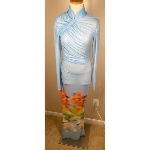 Sau Lee Kendra Mesh Sheer Blurred Floral Long Sleeve Blue Maxi Dress Size 0 - Picture 4 of 15