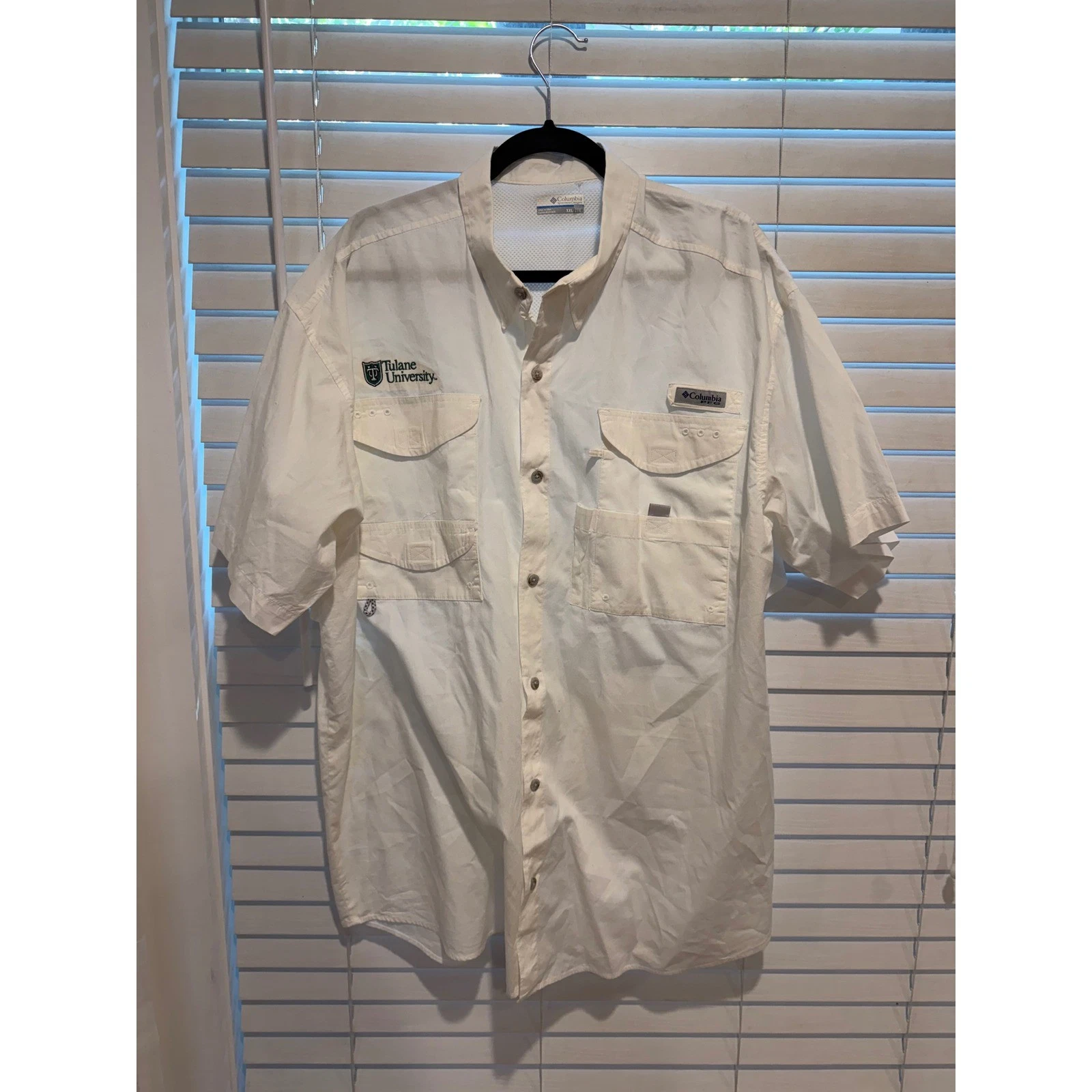 Columbia PFG Tulane University White Short Sleeve Fishing Shirt Mens XXL Bahama