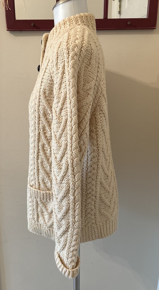 Gaeltarra Cable Knit Cardigan Women Ivory Fisherman Wool Aran Hand Knit
