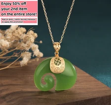 Jade Elephant Pendant Necklace Charm 18K Gold Plated Chain Retro Dainty Gemstone