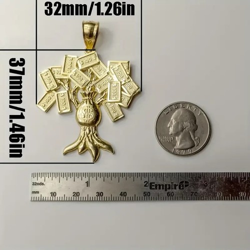 Brass Gold Plated $100 Money Tree Pendant & 3mm 24" Rope Chain Hip Hop Necklace - Picture 2 of 5