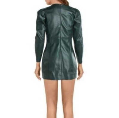 AQUA NWT Bottle Green Faux Leather Puffed Long Sleeve Zip Back Mini Dress 4  | eBay