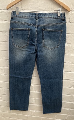 Next Crop Jeans vita alta blu denim orlo grezzo sfilacciato UK 10 L25" - Foto 4 di 9