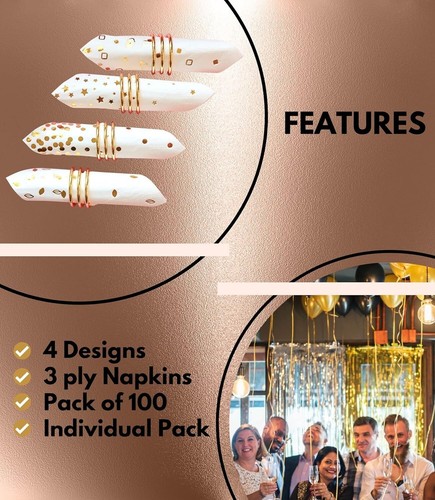 100 PK Elegant Gold 3-Ply Cocktail Napkins - 4 Designs for Every Occasion - Picture 6 of 9