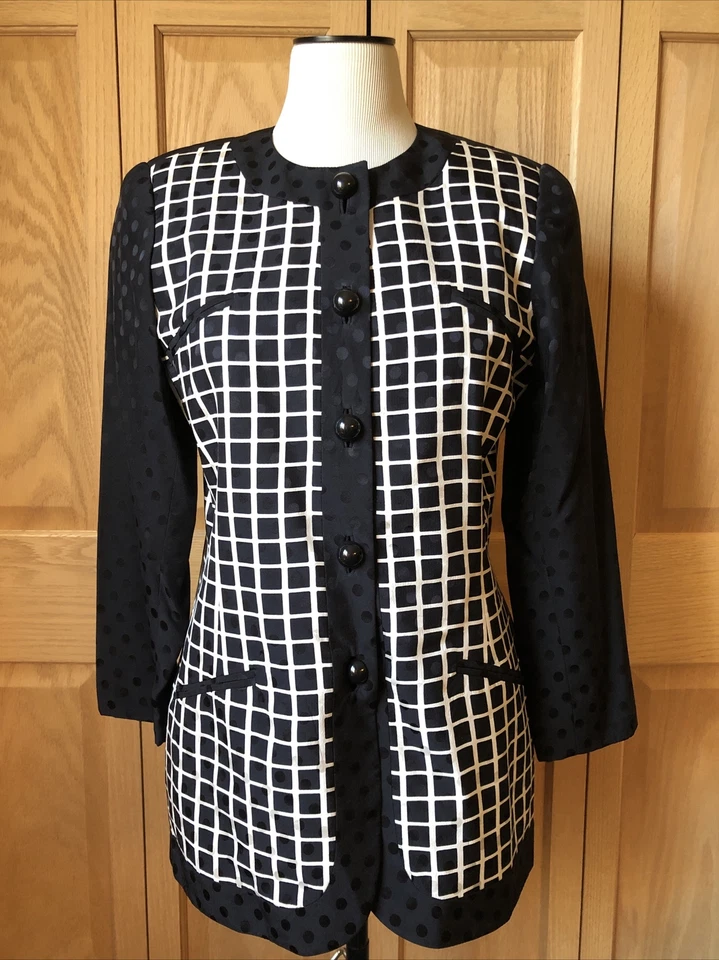 DAVID HAYES NEIMAN MARCUS silk black check polka dot button blazer jacket M Foto 2 de 4