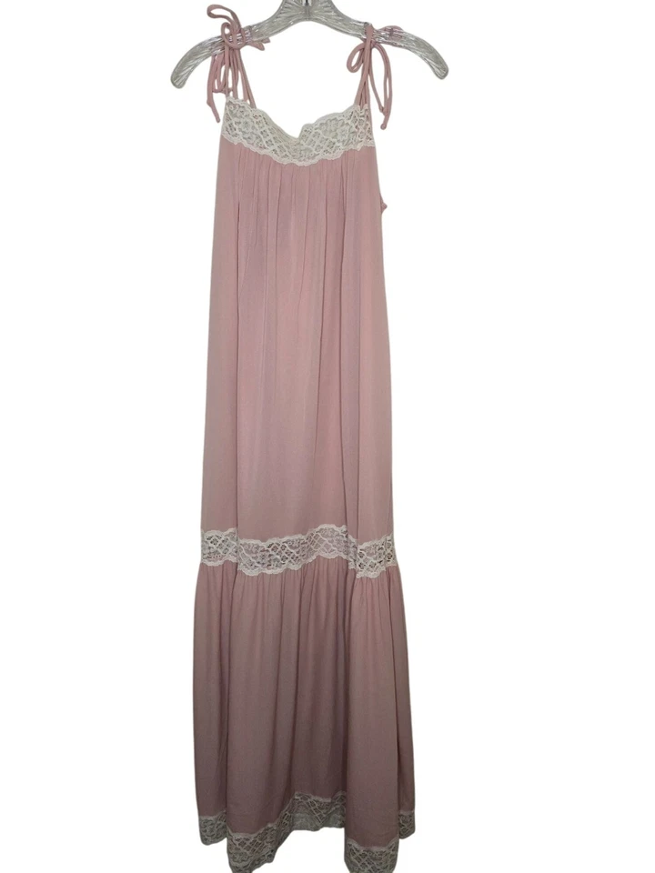1970s Vintage Pink Lace Trim Sleeveless Maxi Dress Large Prairie Cottage Boho - Image 4 of 4