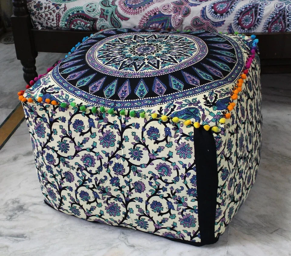 Indian Multi Mandala Square Ottoman Pouf Cover Elephant Footstool Cover All Size - Image 2 of 3