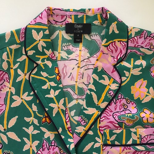 J.Crew Collection Drake's Silk Pajama Shirt Green Pink Bengal Tiger F5989 Sz 4 - Picture 2 of 18