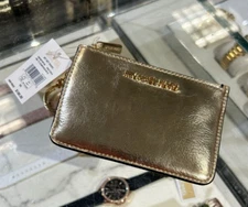 Michael Kors Women Small Coin Pouch ID Card Holder Wallet Gold Keychain Fob Lady