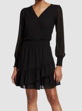  140 Michael Kors Women's Black Solid Ruffle V Neck Blouson Sleeve Dress Size M
