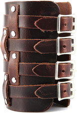 Mens Leather Wide Triple Strap Cuff Wristband Buckle Wrap Gauntlet Brown 4 Rows