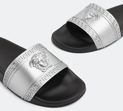 VERSACE Medusa Gomma Designer Rubber Slip-On Pool Slide Silver EUR 41 US 8 NWOT!