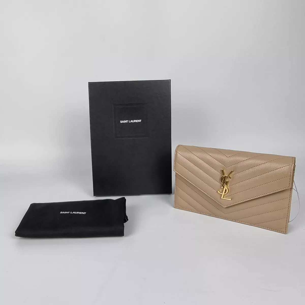 Saint Laurent Grain de Poudre Matelasse Chevron Monogram Chain Wallet Dark Beige