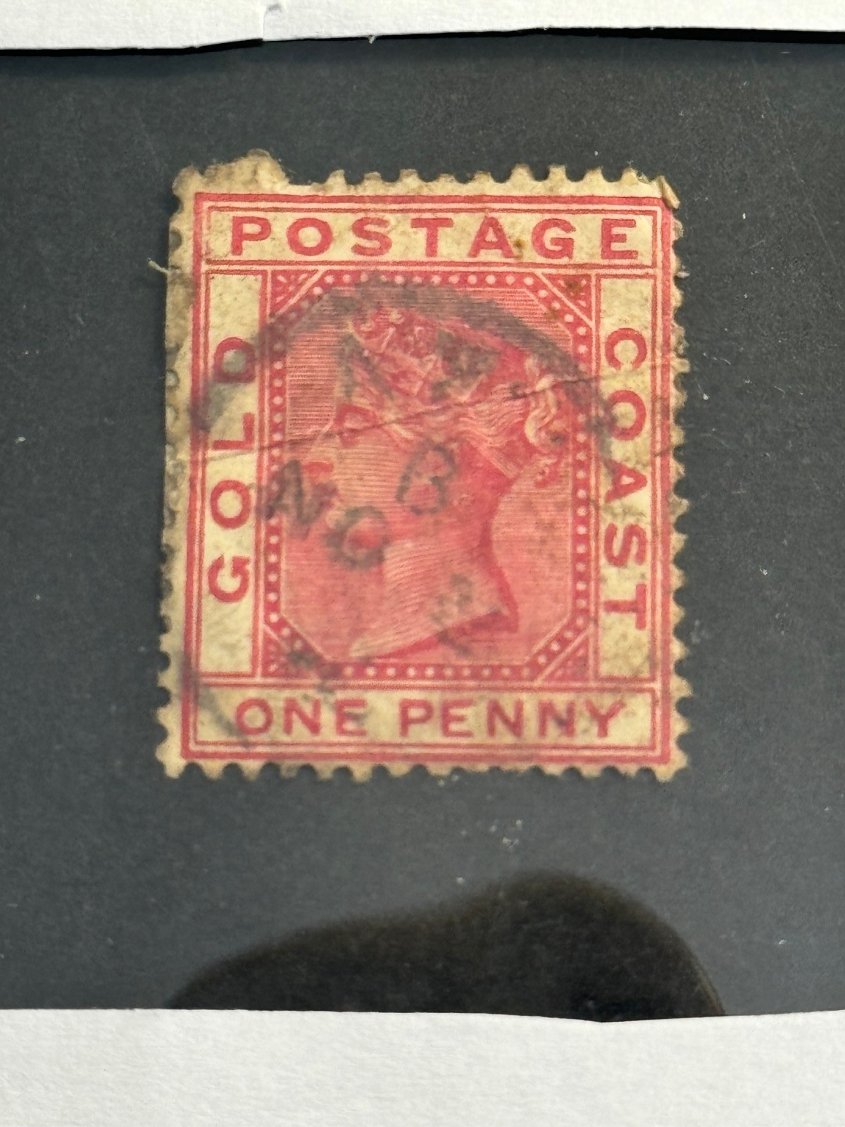 Exhibit Backup Gold Coast Cancel Axim B/Western Region on 1883 1p stamp crease