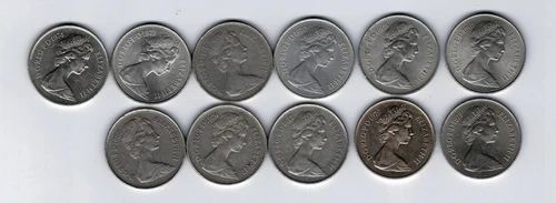11 different 10p ten pence coins 1968-1971 1973-1977 1980