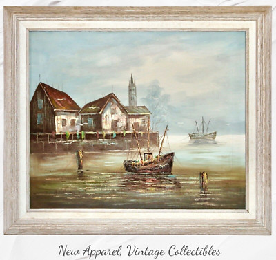 Signed H. Wilson Original 25''x29'' Framed Oil Painting, Harbour Scene Seascape