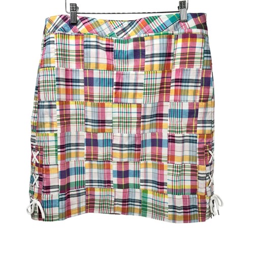 Talbots Skirt Womens 10 Madras Plaid Cotton Coastal Side Zip Lace Up