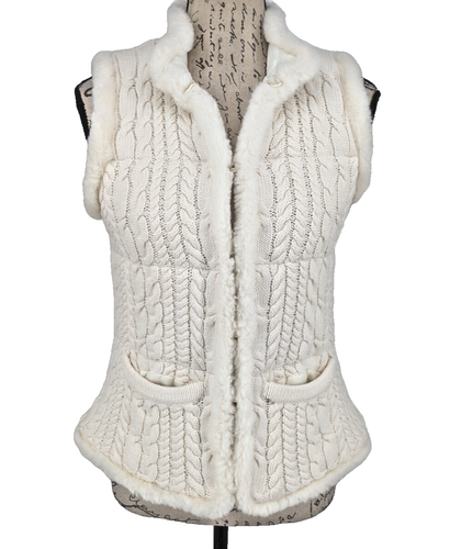 Talbots Outer Vest Petitie 34" Bust White Heavy Cable Knit Fur Fairy - 第 1/9 張圖片