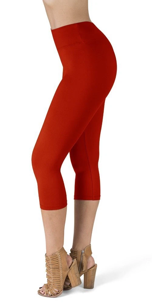 SATINA Red High Waisted Capri Leggings, Tummy Control