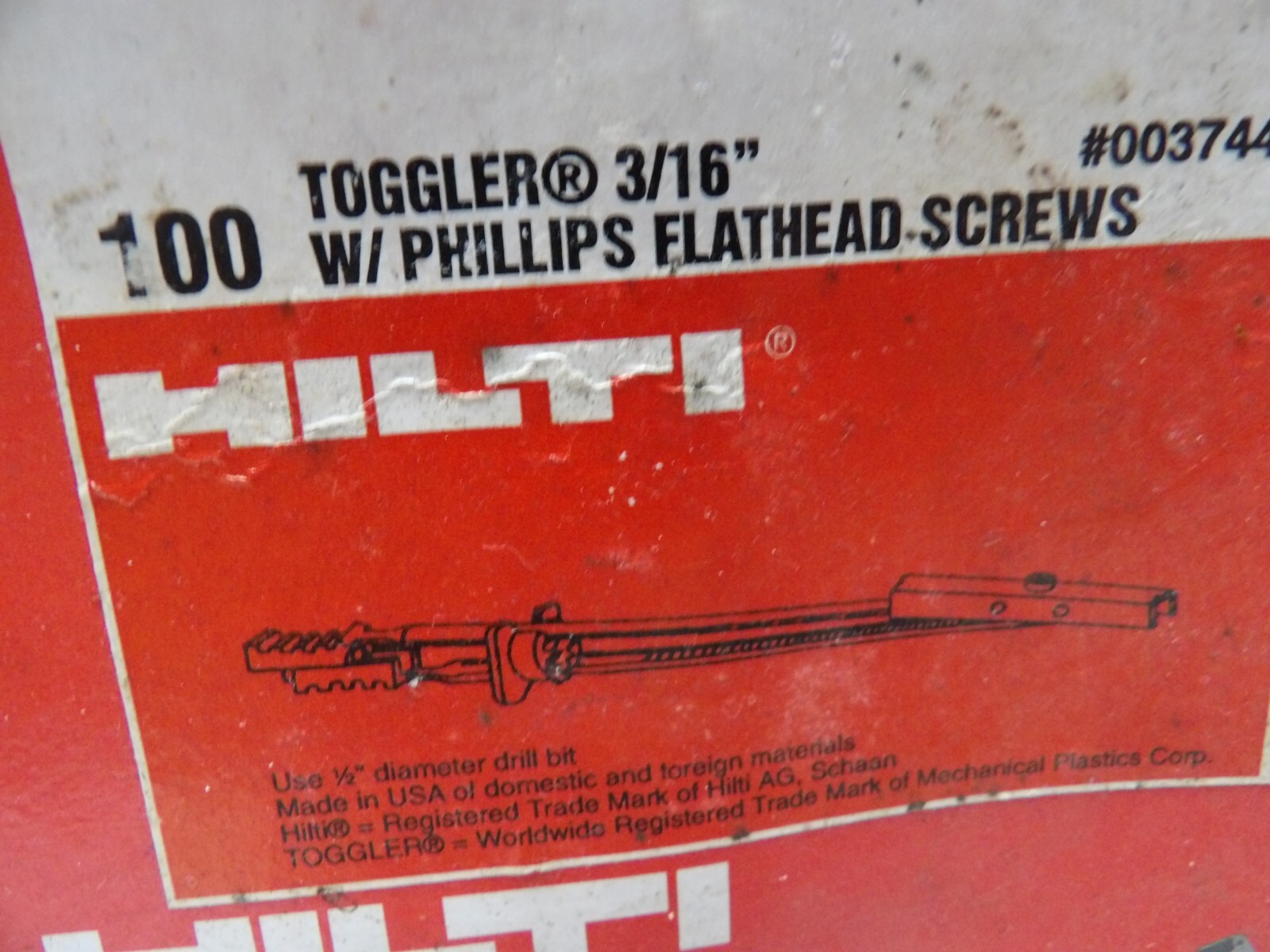 Hilti Toggle Bolts 3/16" with Phillips Flathead Screw 00374497 (Box of