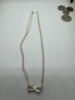 Tiffany & Co Silver Infinity Pendant Double Chain 14  Necklace with pouch. T-10c