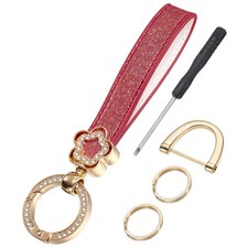 Leather Wristlet Keychain, 5.5" Car Key Chain with Key Ring and D Ring, Red