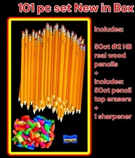 50ct Sharpened #2 Pencils REAL WOOD Include 50 Pencil Cap Erasers & 1 Sharpener