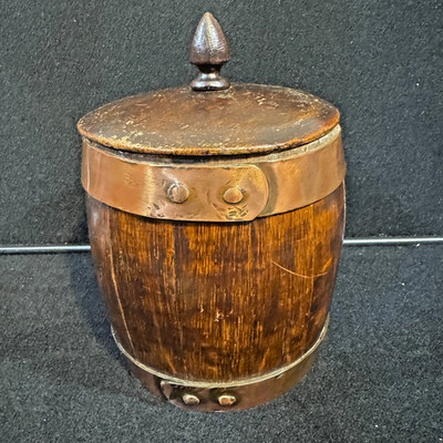 Antique Early 19th Century English Oak Tobacco Jar Barrel Copper Banding
