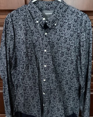 BONOBOS SLIM FIT LS SHIRT SZ L WHITE ON NAVY  PRINT EUC NICE!