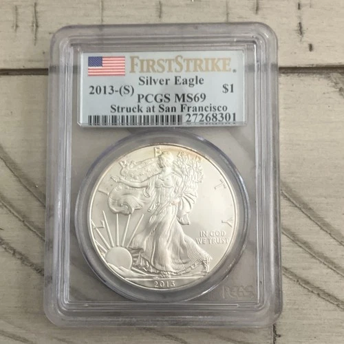 2013 S First Strike Flag Label MS 69 PCGS 1oz Silver 1$ Starting To Tone