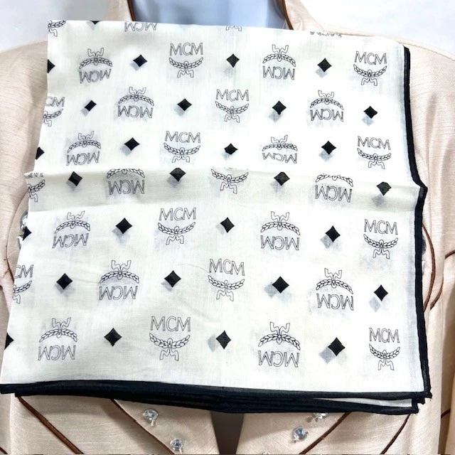 Nuevo Hombre/Mujer MCM Mini Bufanda/Manejador Algodón/Seda Blanco Beige Dorado 19" (Último 1) Foto 4 de 4