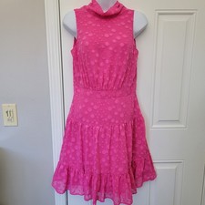 Eliza J Hot Pink Chiffon Tiered Mini Open Back Dress Embossed Polka Dots Size 6