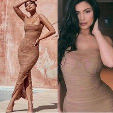 HOUSE OF CB Fornarina Mesh Ruched Organza Bustier Maxi Dress Tan Size XS