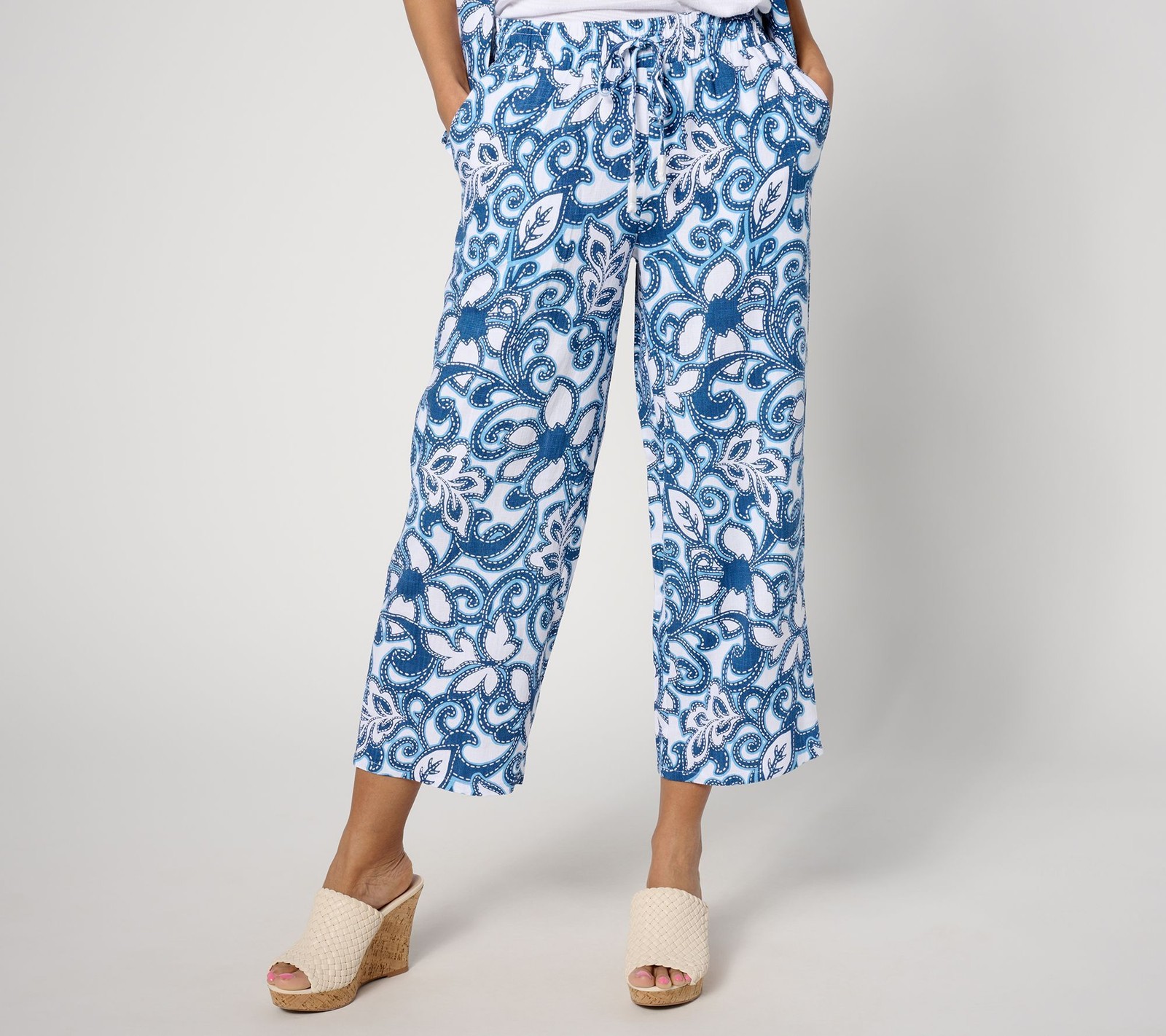 Susan Graver Women's Plus Sz Pants 2X PURE Regular Printed Linen Blue A644512