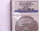 2011-S SILVER EAGLE NGC MS70 EARLY RELEASES FROM 25TH ANNIVERSARY SET