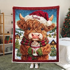 Personalized Highland Cow Quilt Blanket Christmas Farm Animal Cozy Gift Throw