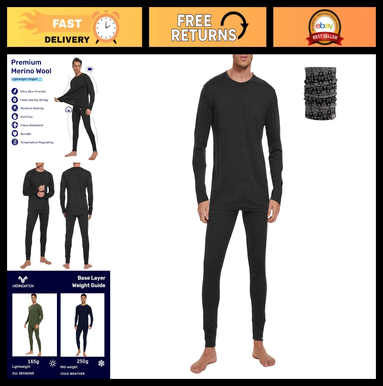 Men's 100% Merino Wool Base Layer Set - Long Sleeve Thermal Underwear, Midweight