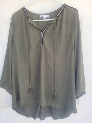 DR2 rolled Sleeve Top Boho Peasant Blouse with split neck and tassels Olive XL