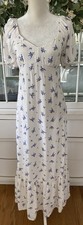 Forever 21  Dress Large White Blue Milkmaid Cottagecore Puff Sleeve Midi Dress