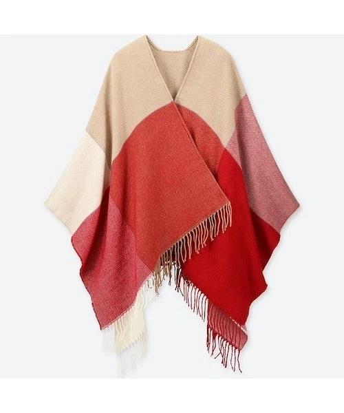 Uniqlo Poncho Stole Cardigan Open Multicolor Colorblock Fringe Boho Fall NEW
