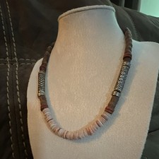 Shell, Coral Coconut Heishi Beaded Necklace Barrel Clasp 18 Vintage Surfer