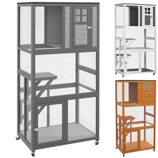 PawHut Outdoor Cat House Wooden Catio on Wheels W/ Weather Protection Roof