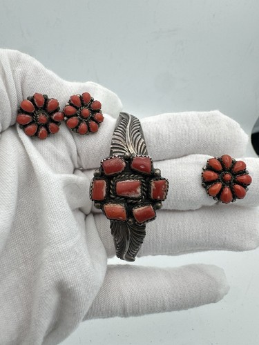 Zuni Red Coral Cluster Stud Earrings & Ring Set by the Eriacho Family Sterling