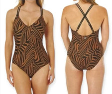 NWOT Hurley Ladies' One-Piece Swimsuit UPF 50 ,Color Brown/Black Stripes, Size S