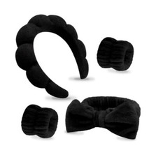 4 Pce Spa Hair Band Face Wash Headband and Wristband Set Makeup Black Microfiber