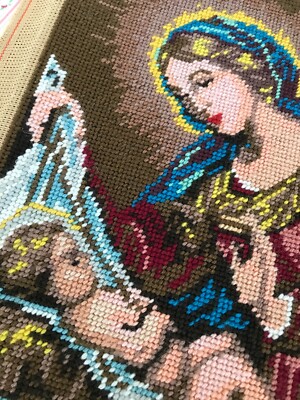 Vintage Needlepoint Margot Creation de Paris  Vierge d apres Carlo Dolci  Cutter